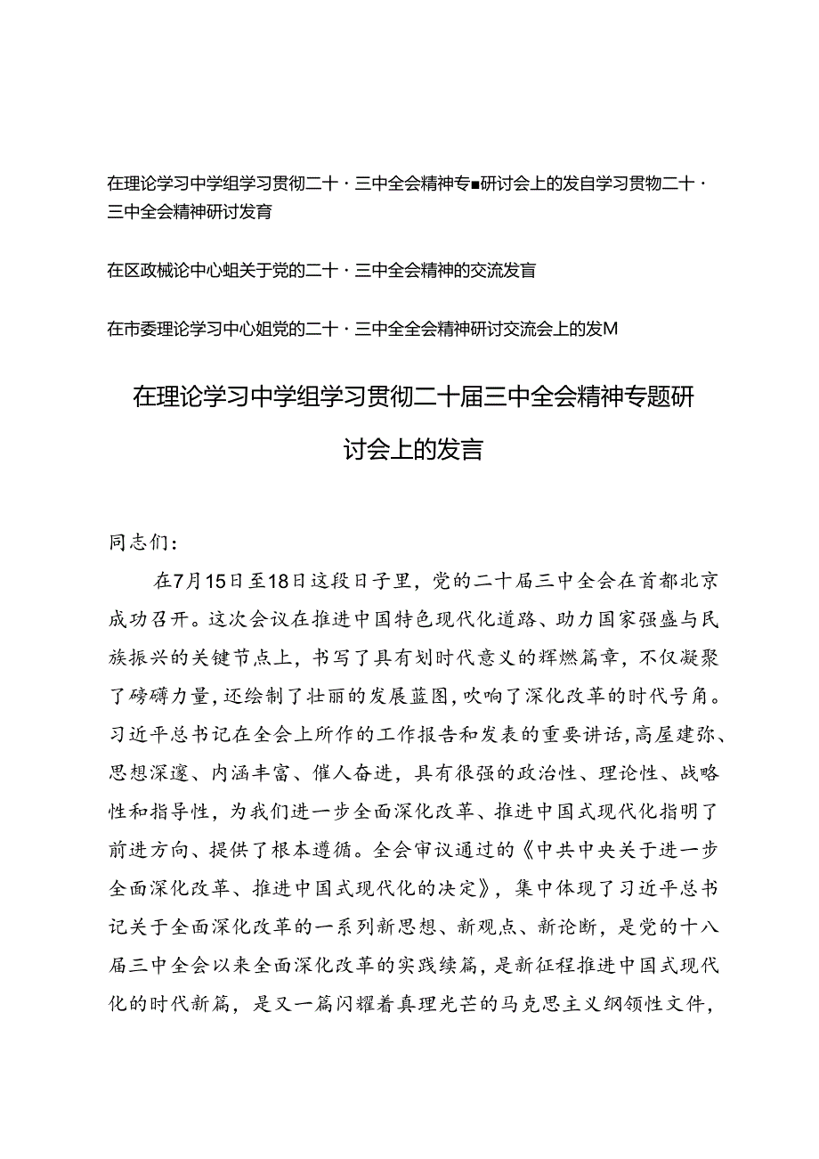 4篇通用 2024年在理论学习中学组学习贯彻二十三中全会精神专题研讨会上的发言.docx_第1页