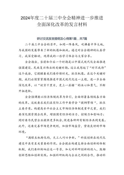 2024二十三中全会精神进一步推进全面深化改革的发言材料.docx