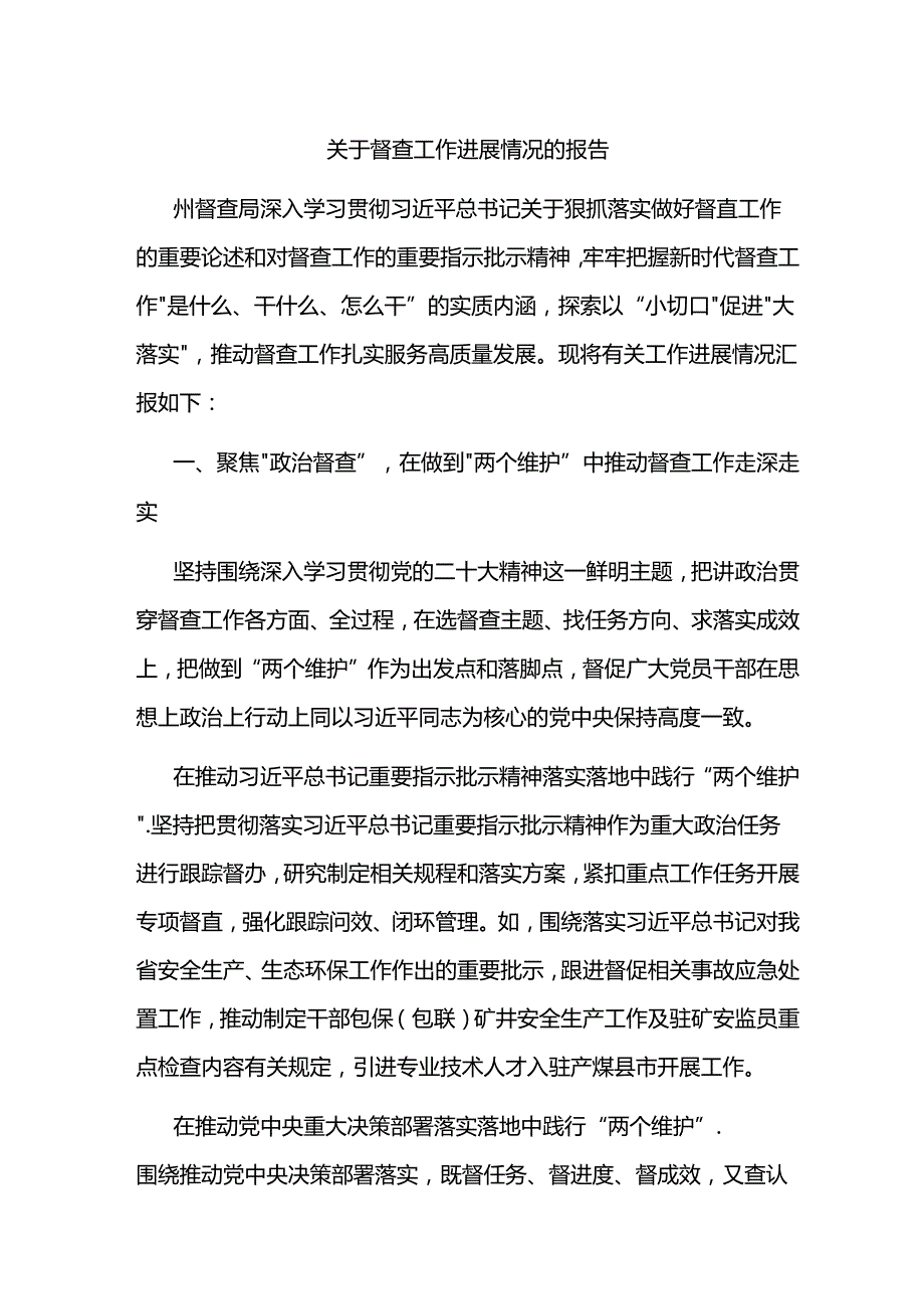 关于督查工作进展情况的报告总结.docx_第1页