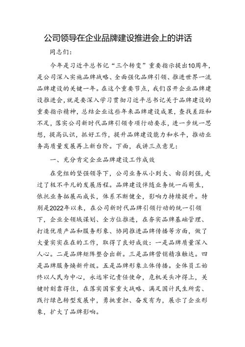 国企领导在企业品牌建设推进会上的讲话.docx