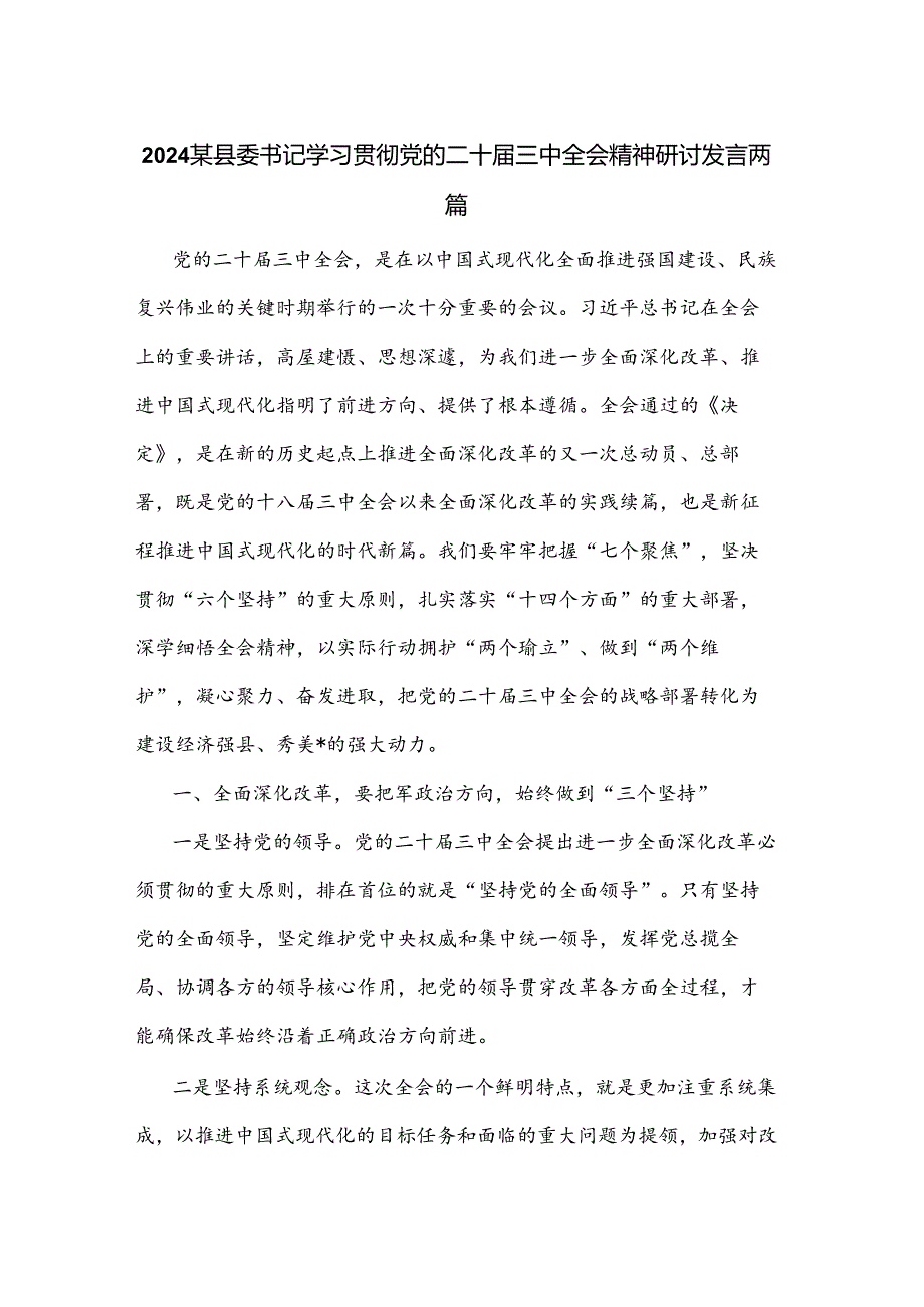 2024某县委书记学习贯彻党的二十三中全会精神研讨发言两篇.docx_第1页