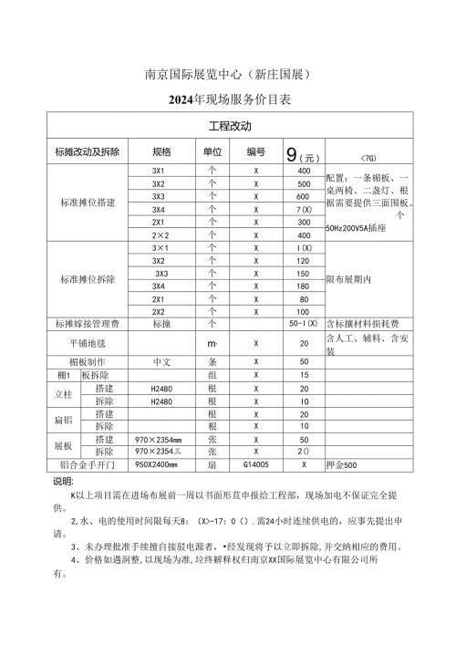 南京国际展览中心（新庄国展）2024年现场服务（工程改动）价目表（2024年）.docx