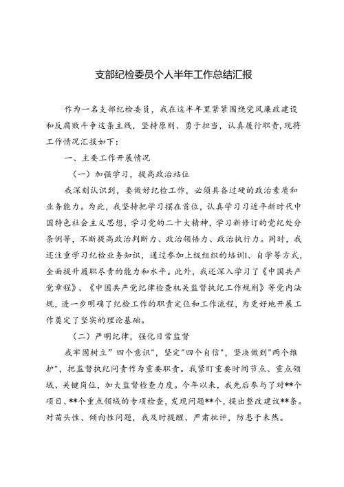 2024年支部纪检委员个人半年工作总结汇报.docx