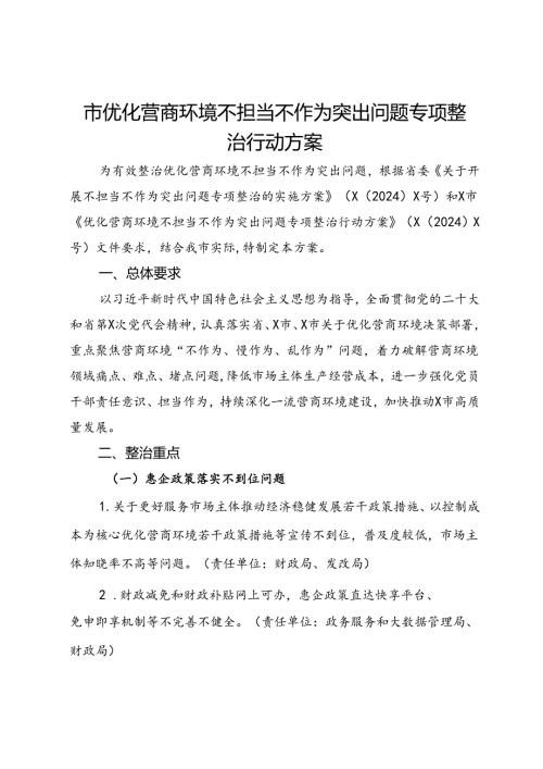 市优化营商环境不担当不作为突出问题专项整治行动方案(2).docx