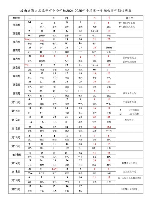 海南省海口三亚三沙儋州五指山文昌琼海万宁东方等市中小学校20242025学第一学期季学期校历表教育教学工作日历表.docx