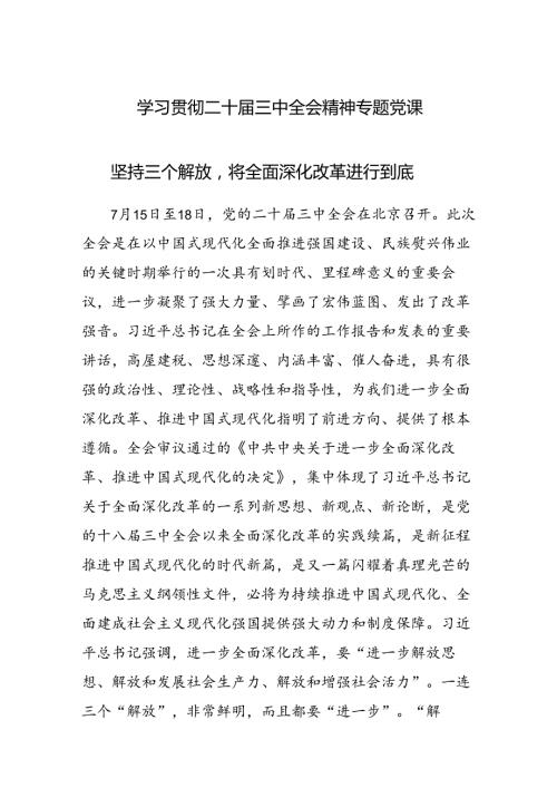 学习贯彻二十三中全会精神专题X课：坚持“三个解放”将全面深化改革进行到底.docx