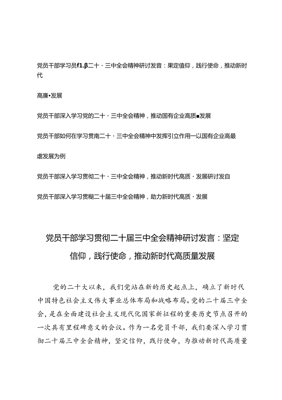 5篇 2024年党员干部学习贯彻二十三中全会精神研讨发言：坚定信仰践行使命推动新时代高质量发展.docx_第1页