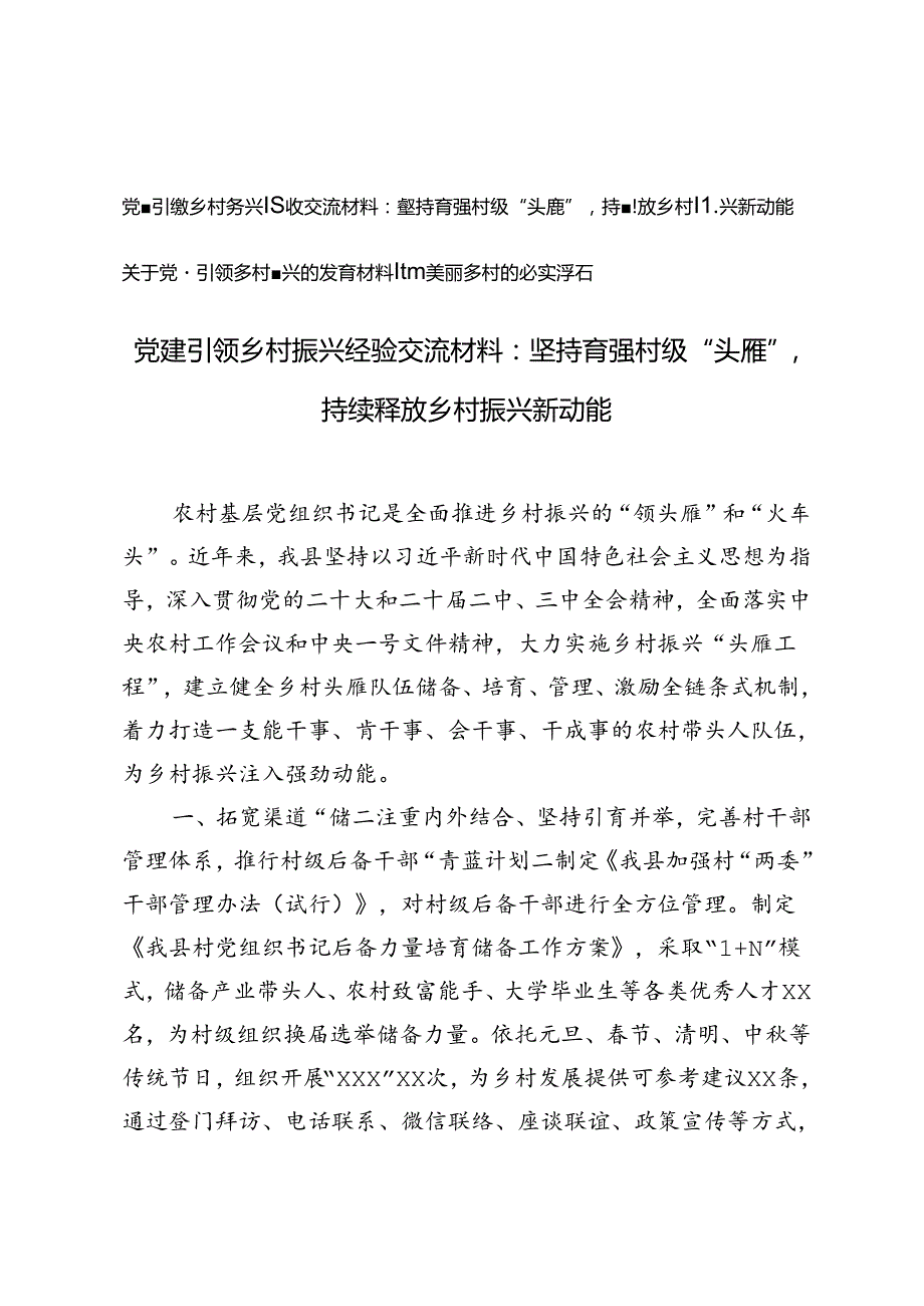 2024年党建引领乡村振兴经验交流材料.docx_第1页