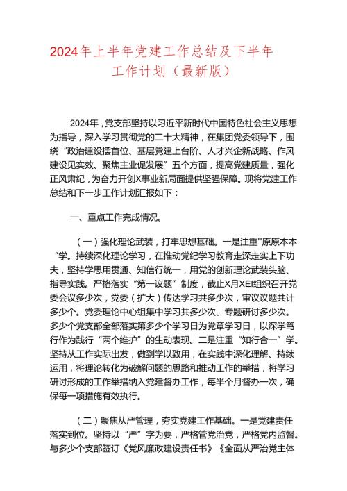 2024年上半年党建工作总结及下半年工作计划（最新版）.docx