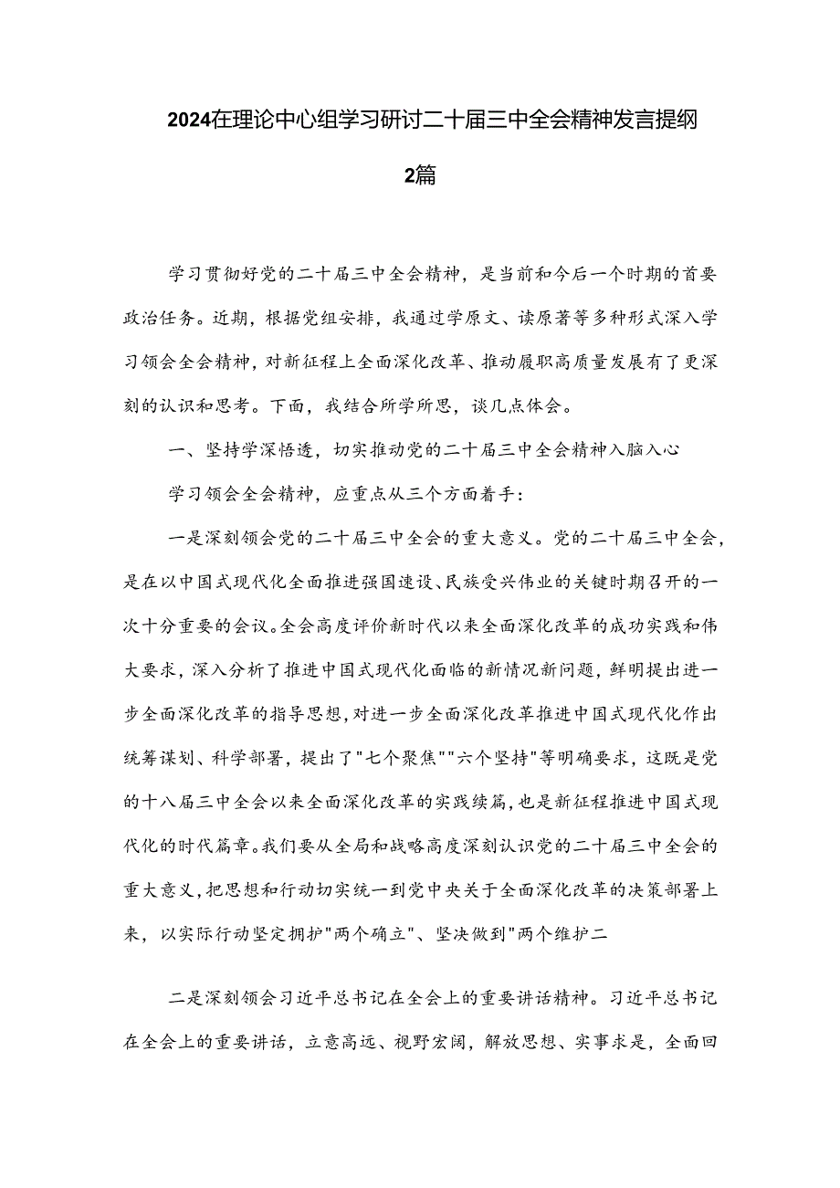 2024在理论中心组学习研讨二十三中全会精神发言提纲2篇.docx_第1页