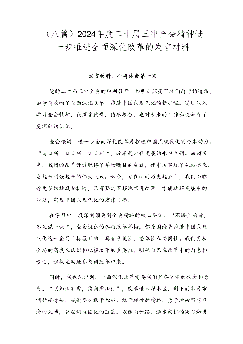 （八篇）2024二十三中全会精神进一步推进全面深化改革的发言材料.docx_第1页