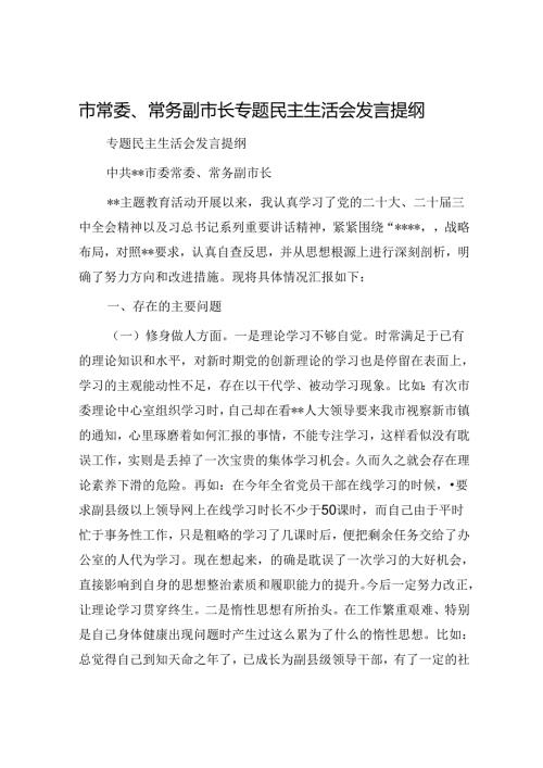 市常委、常务副市长专题民主生活会发言提纲.docx
