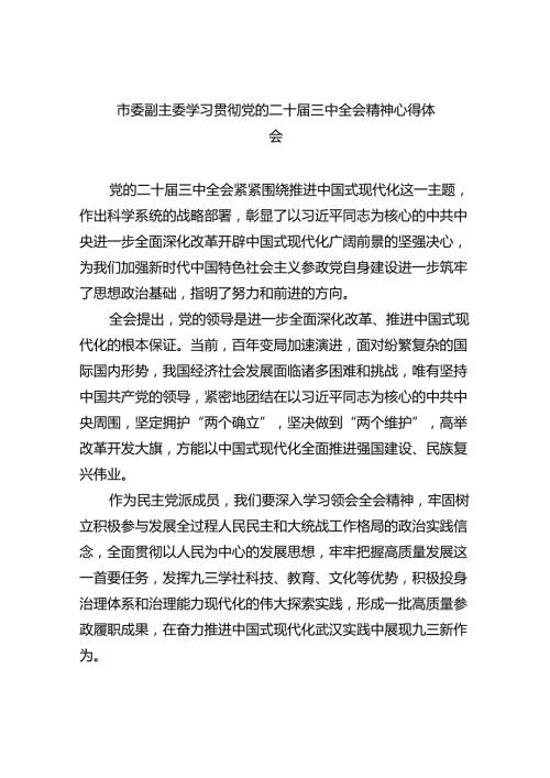 市委副主委学习贯彻党的二十三中全会精神心得体会（共7篇）.docx