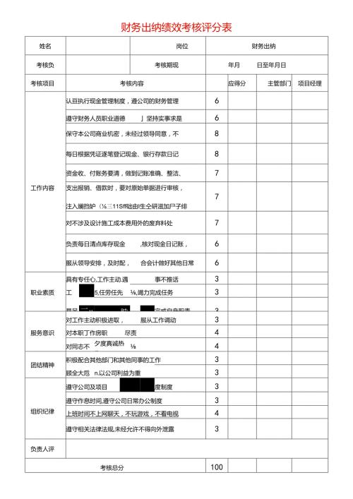 财务出纳绩效考核评分表模板.docx