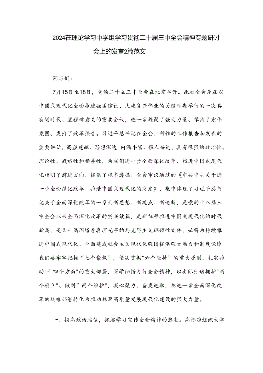 2024在理论学习中学组学习贯彻二十三中全会精神专题研讨会上的发言2篇范文.docx_第1页
