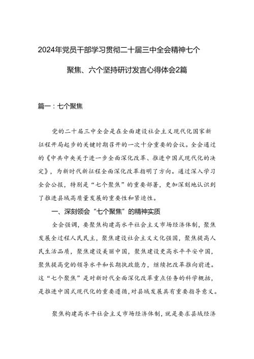 2024年党员干部学习贯彻二十三中全会精神七个聚焦、六个坚持研讨发言心得体会2篇.docx