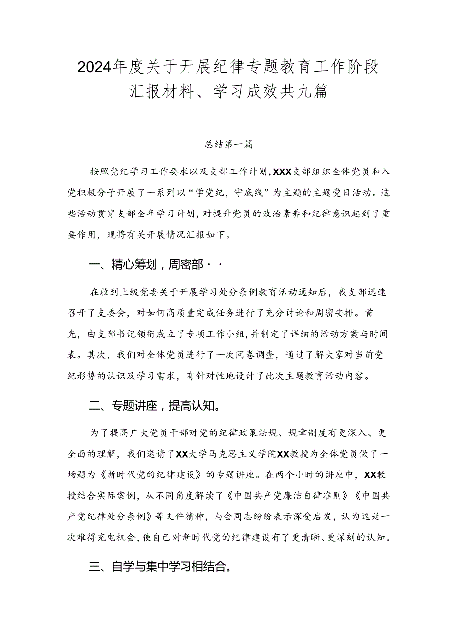 2024关于开展纪律专题教育工作阶段汇报材料、学习成效共九篇.docx_第1页