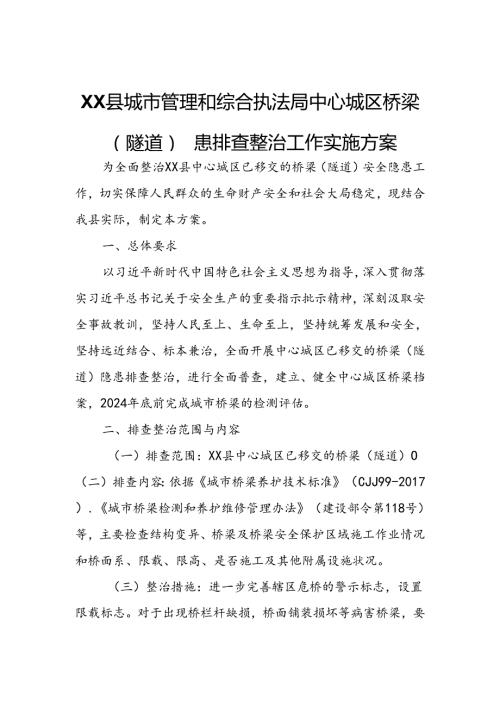 XX县城市管理和综合执法局中心城区桥梁（隧道）隐患排查整治工作实施方案.docx
