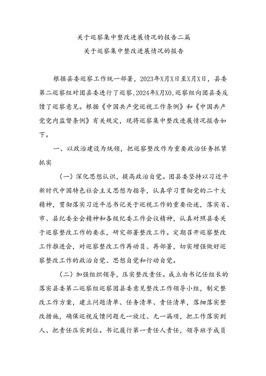 关于巡察集中整改进展情况的报告二篇.docx_第1页