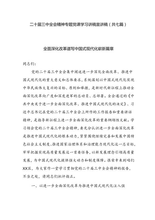 （共七篇）二十三中全会精神专题党课学习讲稿宣讲稿(1).docx