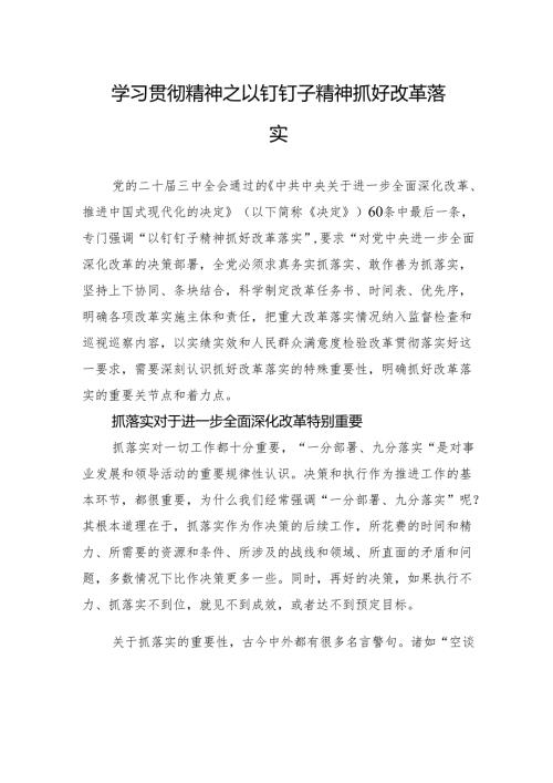 学习贯彻精神之以钉钉子精神抓好改革落实.docx