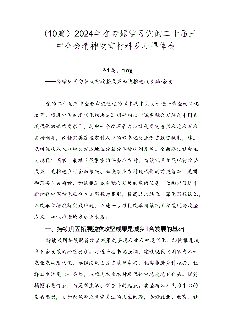 （10篇）2024年在专题学习党的二十三中全会精神发言材料及心得体会.docx_第1页