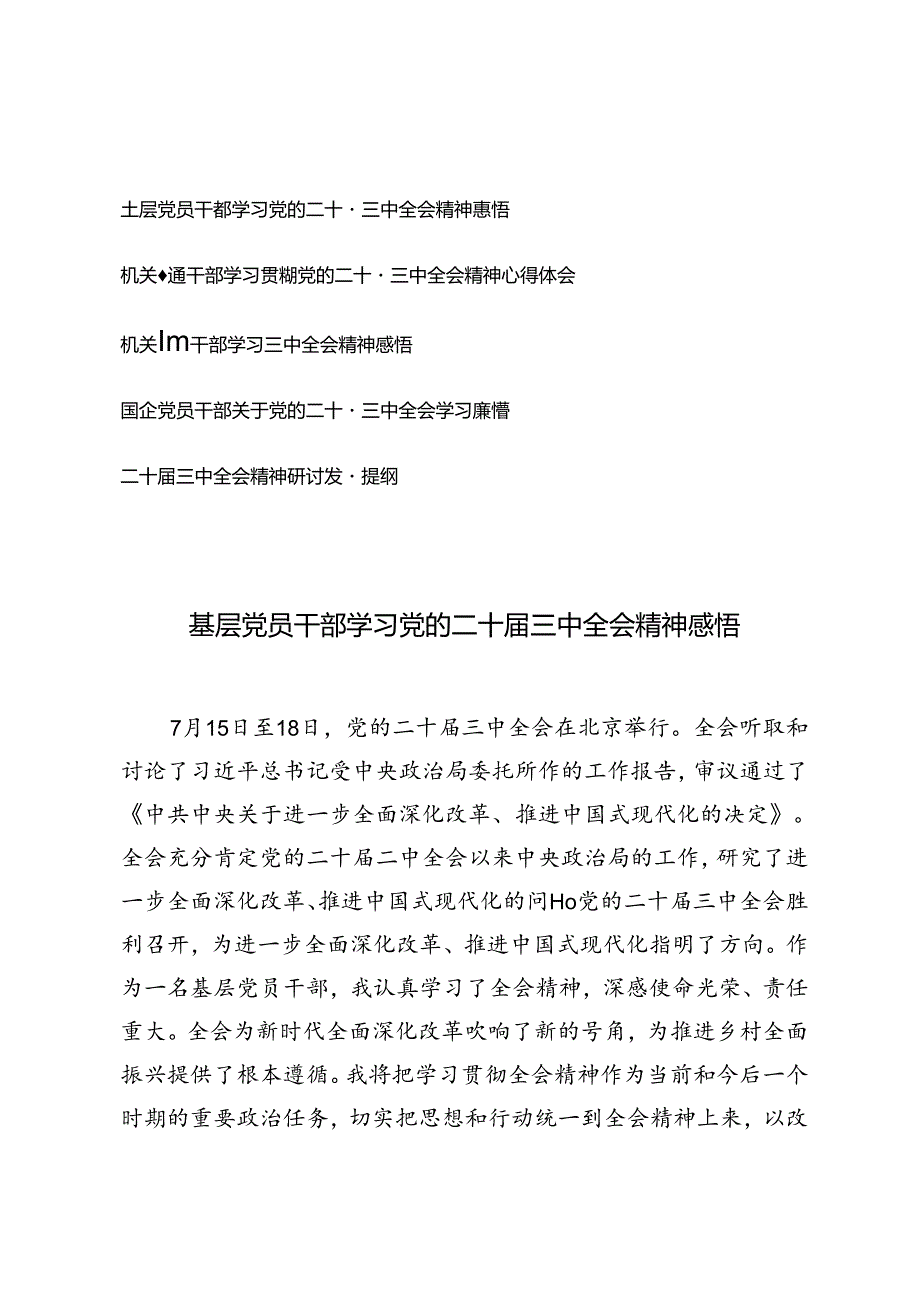 5篇 基层党员干部、机关普通干部、国企党员干部学习党的二十三中全会精神感悟心得体会研讨发言提纲.docx_第1页