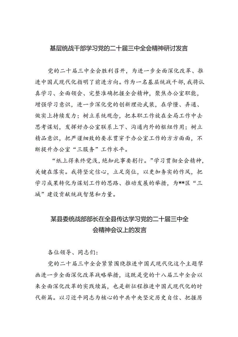 （9篇）基层统战干部学习党的二十三中全会精神研讨发言范文.docx_第1页
