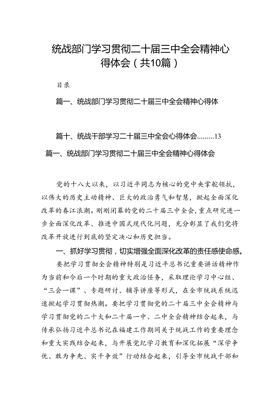 （10篇）统战部门学习贯彻二十三中全会精神心得体会范文.docx_第1页