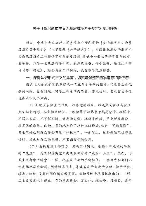 (五篇)关于《整治形式主义为基层减负若干规定》学习感悟参考范文.docx