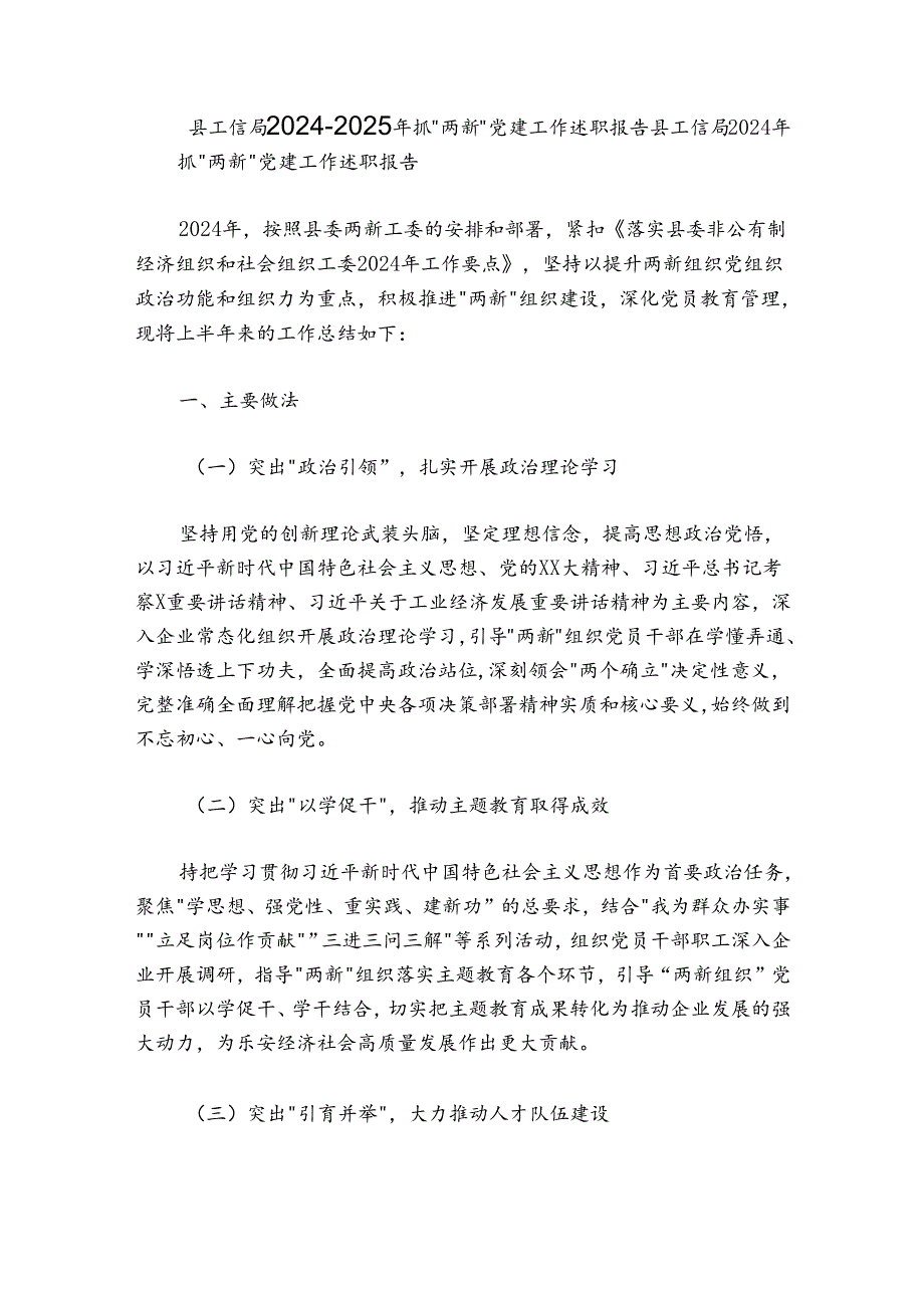 县工信局20242025年抓“两新”党建工作述职报告.docx_第1页