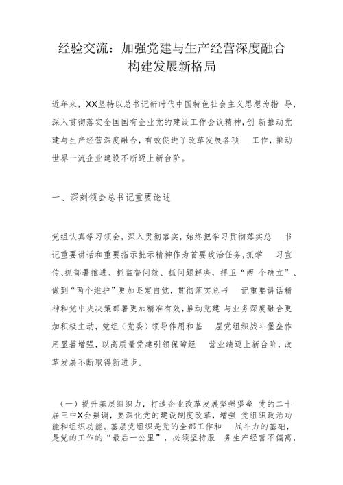 经验交流：加强党建与生产经营深度融合 构建发展新格局.docx