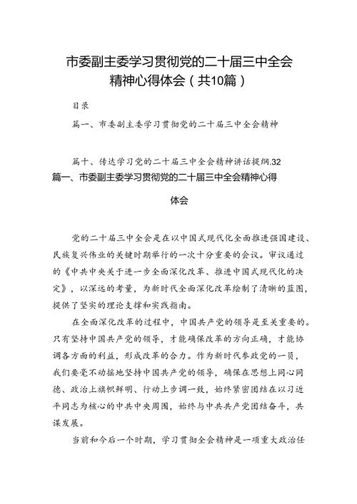 （10篇）市委副主委学习贯彻党的二十三中全会精神心得体会（精选版）.docx
