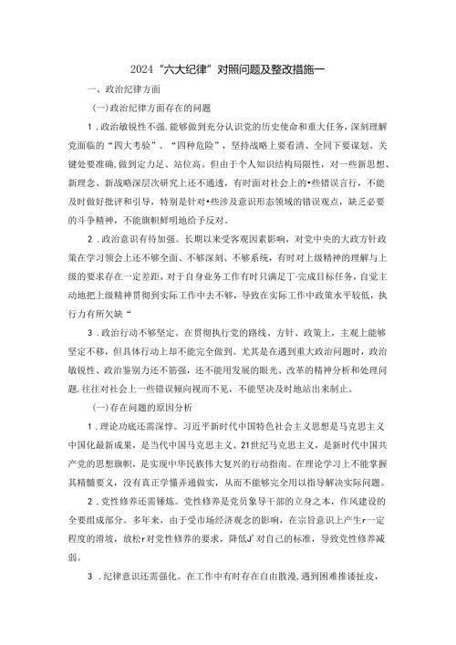 2024“六大纪律”对照问题及整改措施二.docx