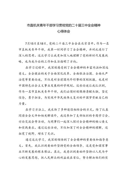 （9篇）市直机关青年干部学习贯彻党的二十三中全会精神心得体会范文.docx