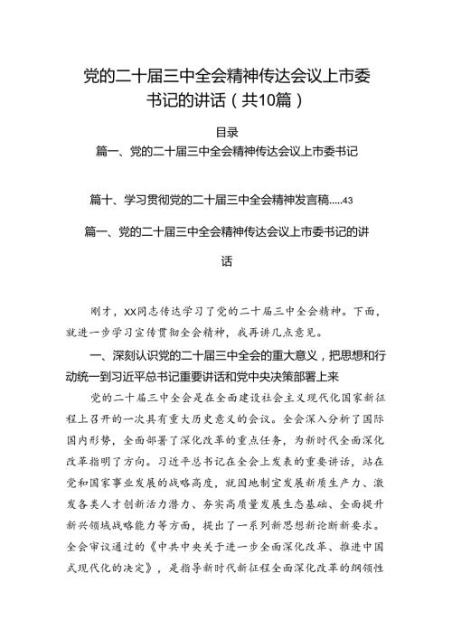 （10篇）党的二十三中全会精神传达会议上市委书记的讲话范文.docx