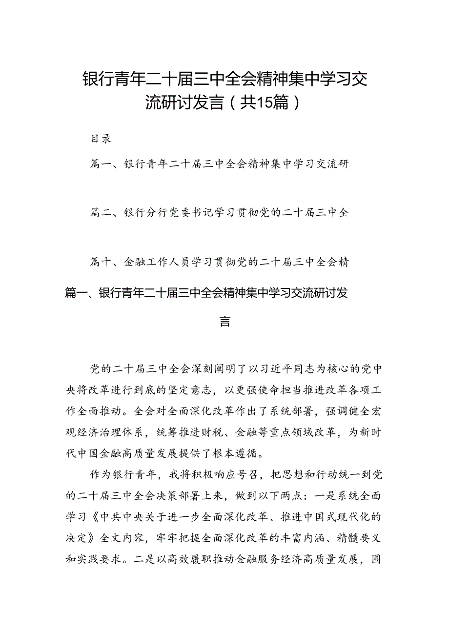 （15篇）银行青年二十三中全会精神集中学习交流研讨发言范文.docx_第1页