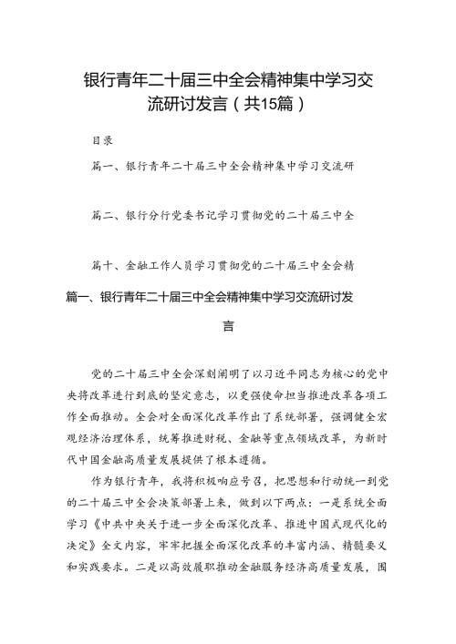 （15篇）银行青年二十三中全会精神集中学习交流研讨发言范文.docx