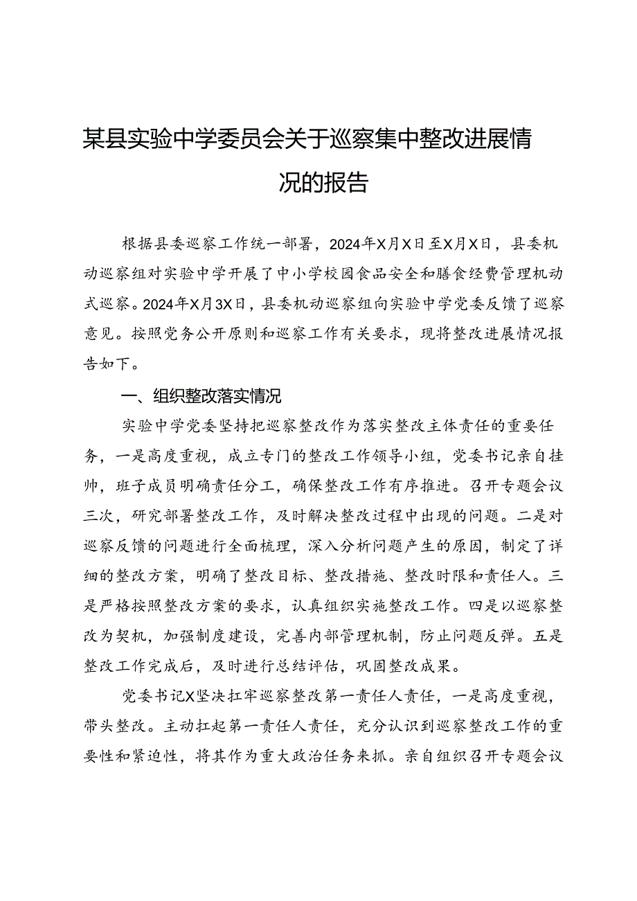 某县实验中学委员会关于巡察集中整改进展情况的报告.docx_第1页