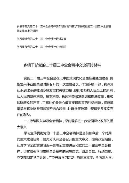 乡镇干部党的二十三中全会精神交流研讨材料、二十三中全会精神动员会上的讲话.docx