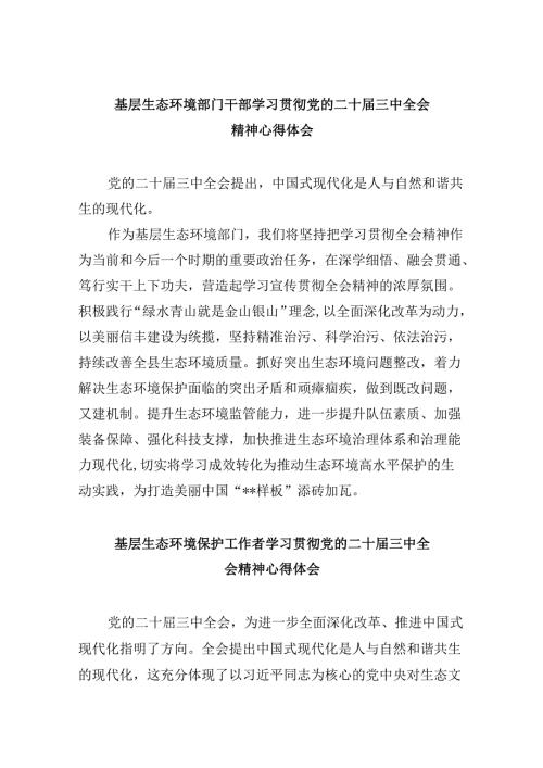 （9篇）基层生态环境部门干部学习贯彻党的二十三中全会精神心得体会范文.docx