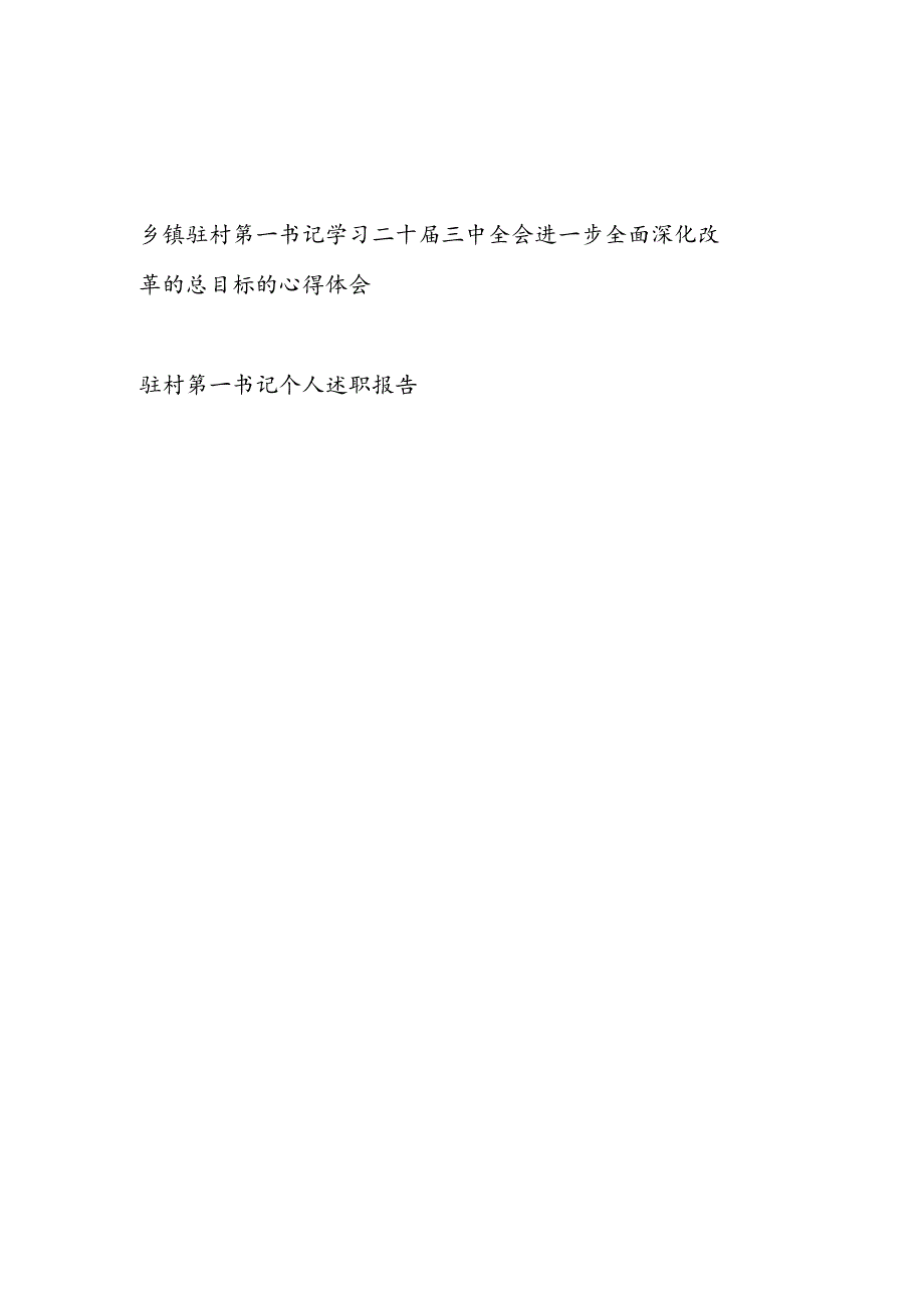 乡镇驻村第一书记学习二十三中全会进一步全面深化改革的总目标的心得体会和驻村第一书记个人述职报告.docx_第1页