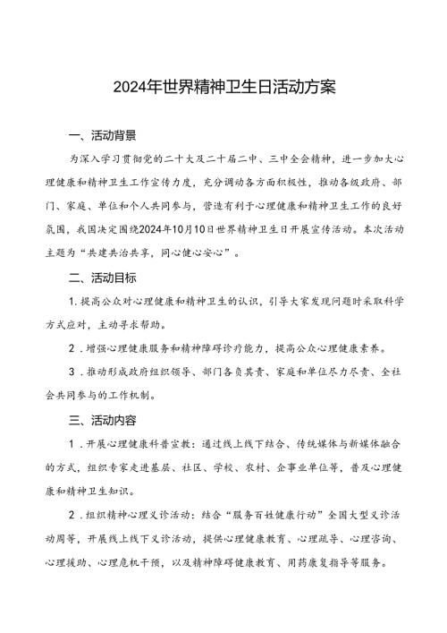 社区关于开展2024年世界精神卫生日宣传活动方案四篇.docx