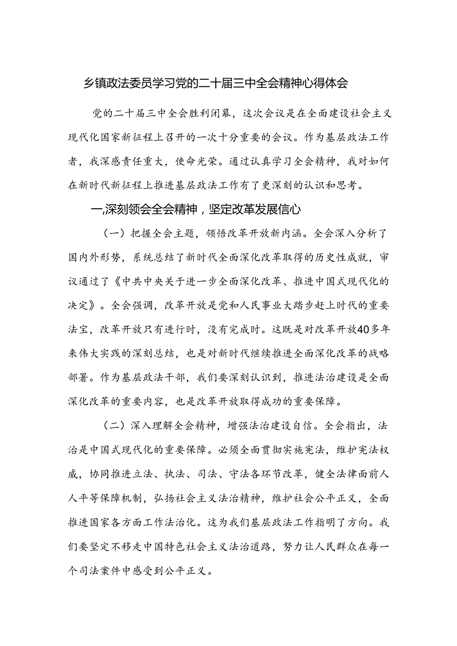 乡镇政法委员学习党的二十三中全会精神心得体会研讨发言.docx_第1页