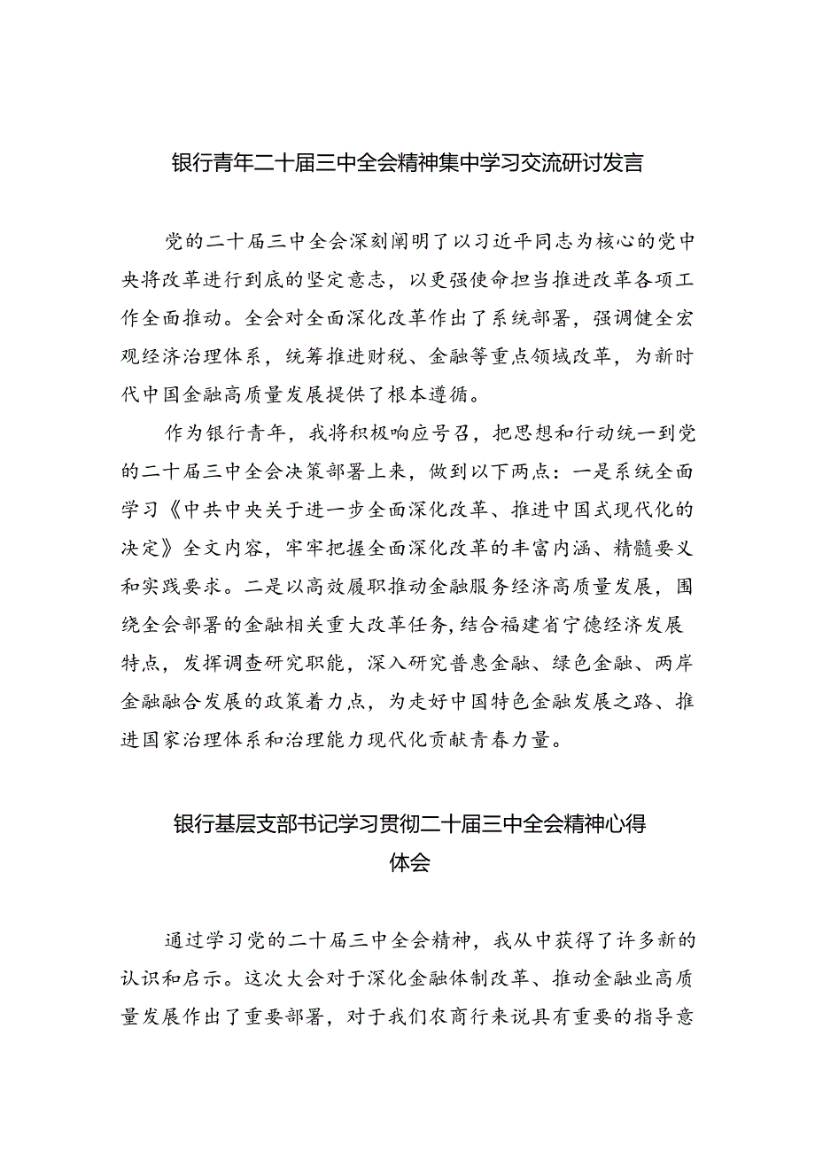 （9篇）银行青年二十三中全会精神集中学习交流研讨发言（精选）.docx_第1页