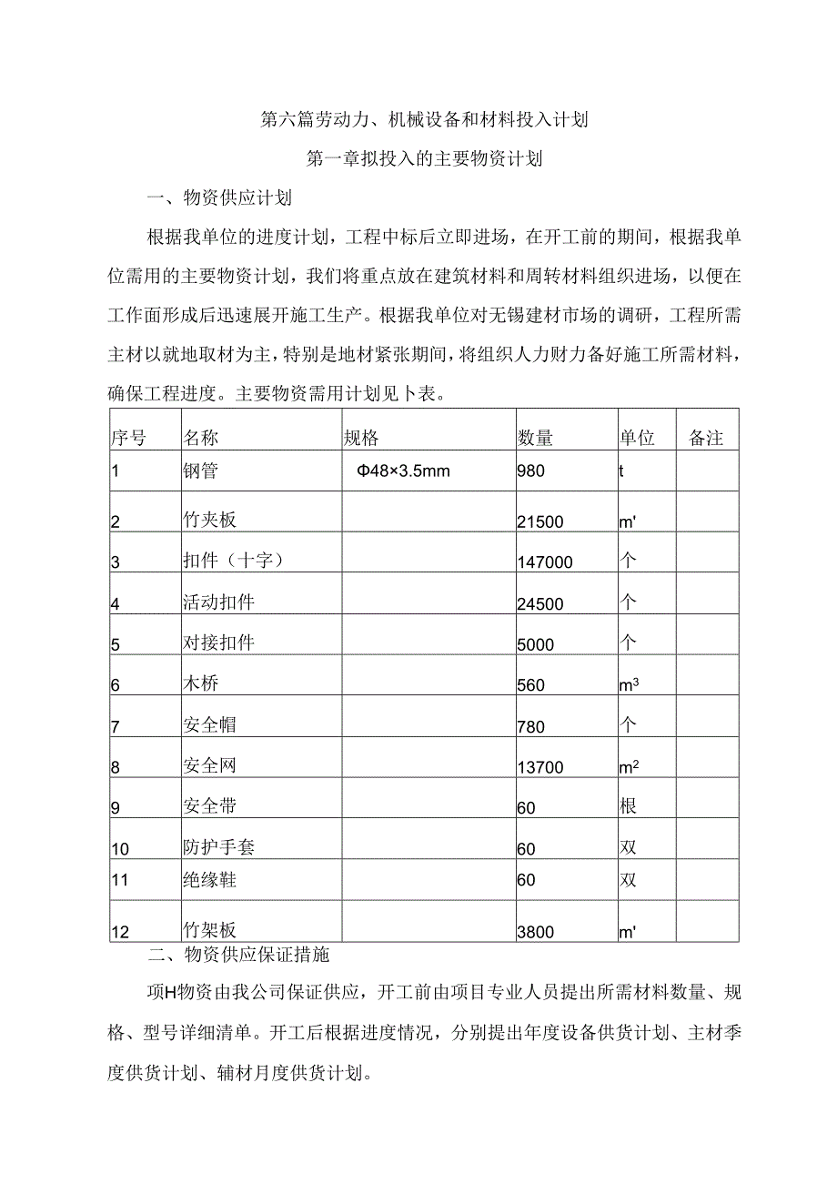 劳动力、机械设备和材料投入计划.docx_第1页