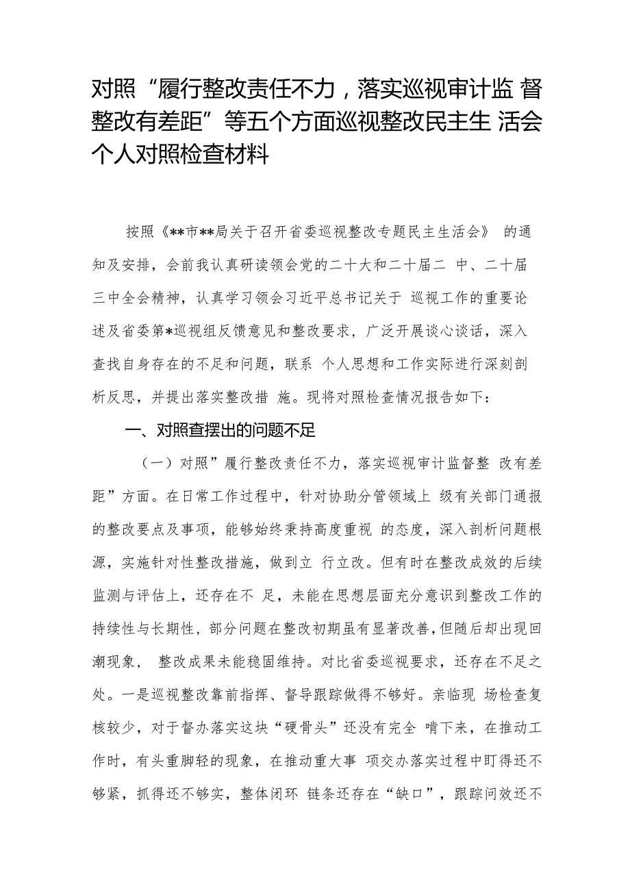 对照“履行整改责任不力落实巡视审计监督整改有差距”等五个方面巡视整改民主生活会个人对照检查材料.docx