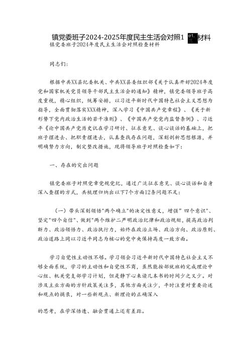 镇党委班子20242025民主生活会对照检查材料.docx