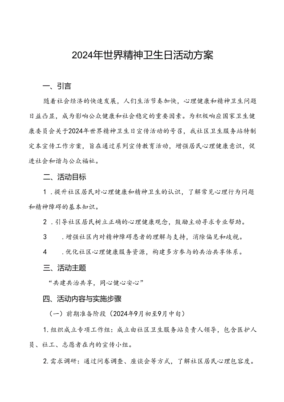 6篇2024年社区卫生服务站开展世界精神卫生日宣传活动方案.docx_第1页
