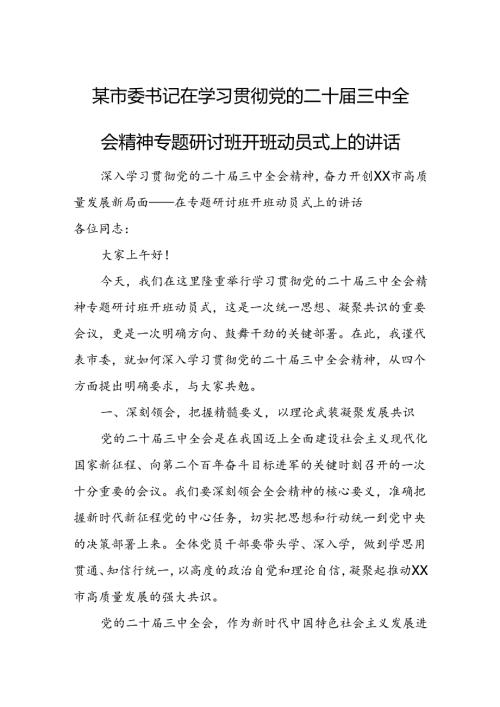 某市委书记在学习贯彻党的二十三中全会精神专题研讨班开班动员式上的讲话1.docx
